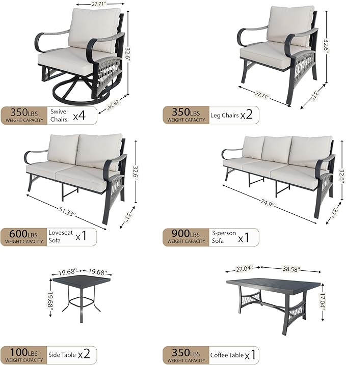 11-Piece Outdoor Patio Conversation Sets, Rope Outdoor Furniture Set Metal 3-Seater Couch, 4 Swivel Rockers with 2 Side Tables, Loveseat Sofa Single Chairs with Coffee Table for Backyard, Beige