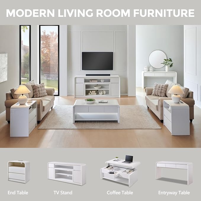 Modern TV Stand for 80 Inch TVs, 32"Tall Entertainment Center w/Storage Cabinet& drawers, Media Console Cabinet w/Soundbar & Adjustable Shelves for Living Room, Curved Profile Design, 70 inch (White) - Image 7