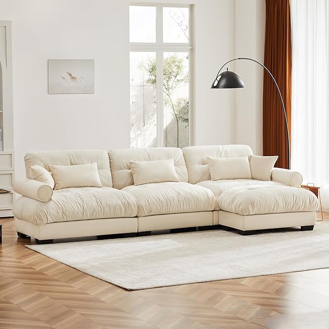 KEIKI 130" L-Shaped Oversized Velvet Modular Sectional Sofa with 1 Ottoman, High-Density Foam Cushions and Bolstered Armrests, Upholstered 3-Seater Cloud Couch with 5 Pillow, for Living Room, Cream