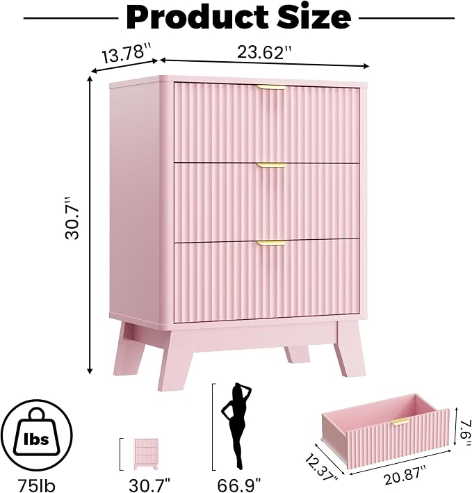 Wodeer Pink Nightstand with 3 Drawers, Mid Century Modern Wooden Bedroom Nightstand, Bedside Table & End Table with Metal Handles, Farmhouse Night Stands for Bedroom - Image 2