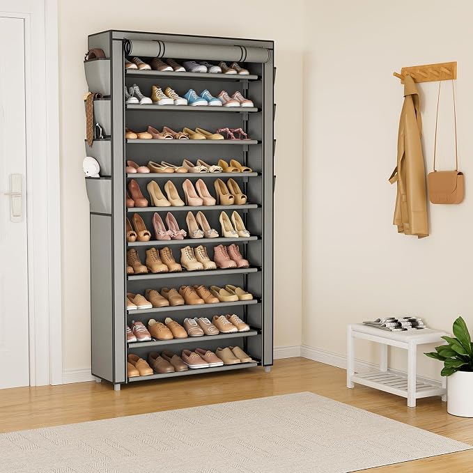 VTRIN Tall Shoe Rack with Cover, 10 Tier Shoe Organizer Storage for 50-55 Pairs Shoes and Boots Large Capacity Shoe Shelf with 8 Pockets Free Standing Shoe Rack for Closet, Entryway, Garage, Grey - Image 2