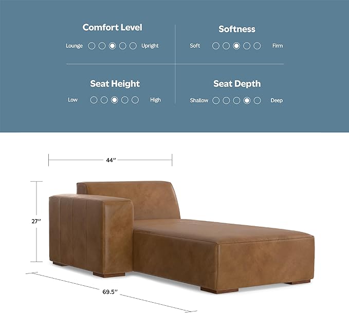 SIMPLIHOME Rex Left Chaise Sofa Module in Full-Grain Genuine Leather, Caramel Brown, 44-inches W x 69.5-inches D, Handcrafted Modern-Style Left-Arm Chaise Lounge Chair for Living Room