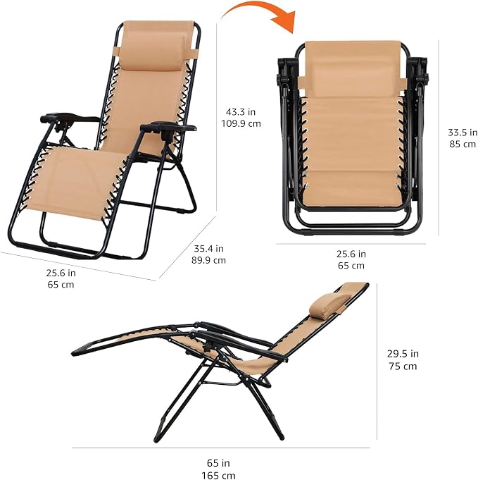 Amazon Basics Outdoor Patio Zero Gravity Folding Reclining Lounge Chair with Padded Headrest Pillow, Adjustable Lawn Chair for Outside, Weather-resistant Textilene, 26", Beige - Image 2