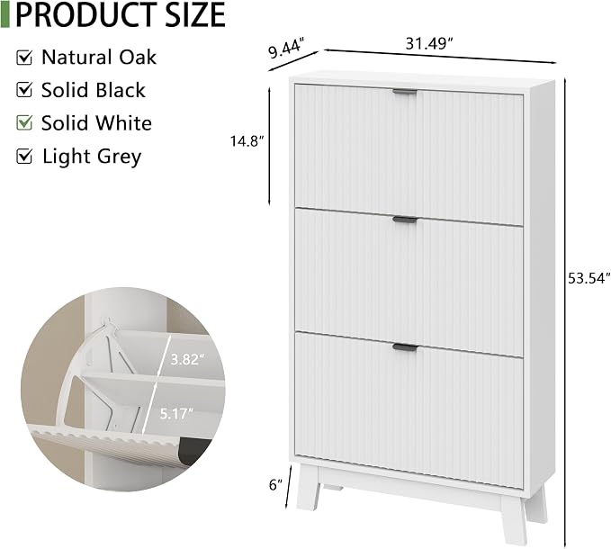 Xixini Shoe Cabinet with 3 Flip Drawers, 54" Tall Narrow Fluted Shoe Storage Organizer for Entryway, Hidden Slim Wooden Shoe Rack Cabinet for Front Door Entrance, Hallway, Living Room, Solid White - Image 2