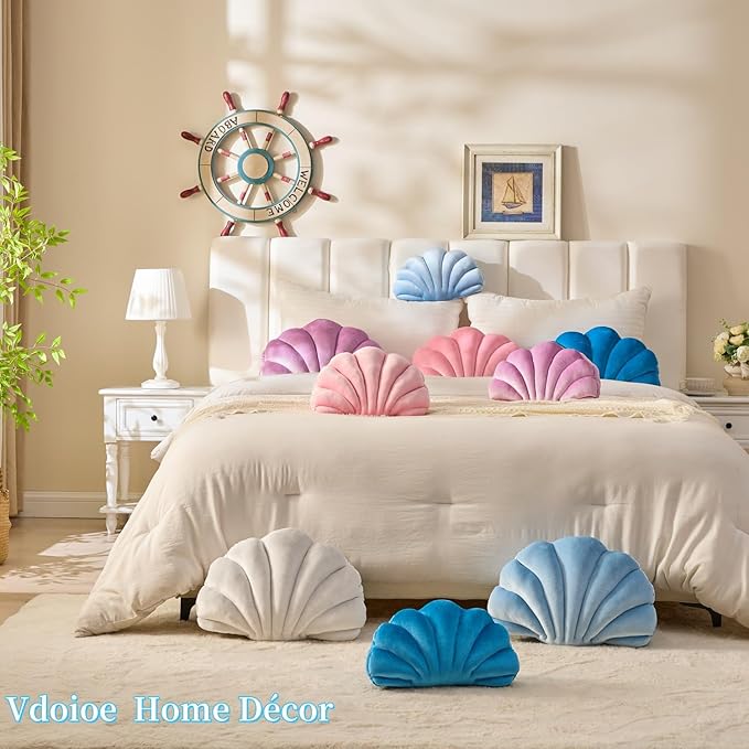 Shell Pillow，Seashell Decorative Pillow White Seashell Shaped Throw Pillows 13x10 Inch Decorative Room Decor Pillows for Couch Bed Home Decor