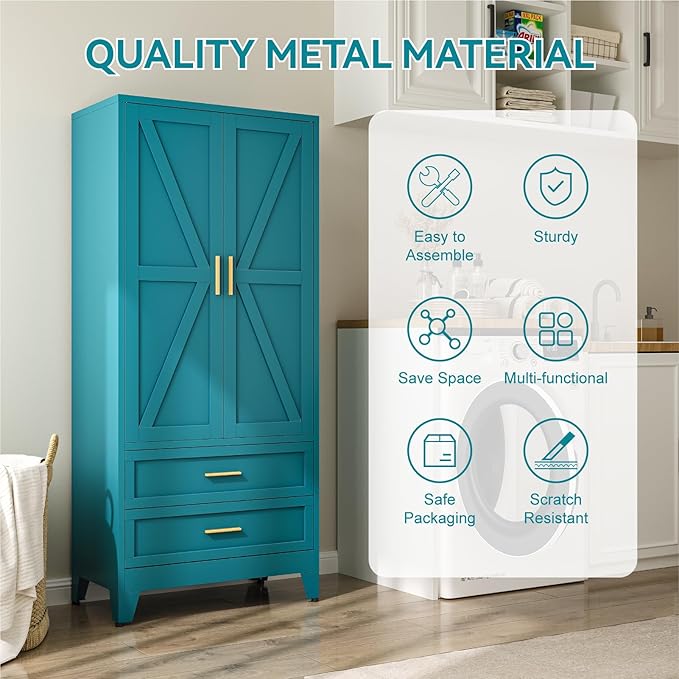 Metal Wardrobe Cabinet, 71" Tall Armoire Wardrobe Closet with 2 Drawers, Hanging Rod and Adjustable Shelf, Farmhouse Clothing Storage Cabinet for Bedroom, Laundry