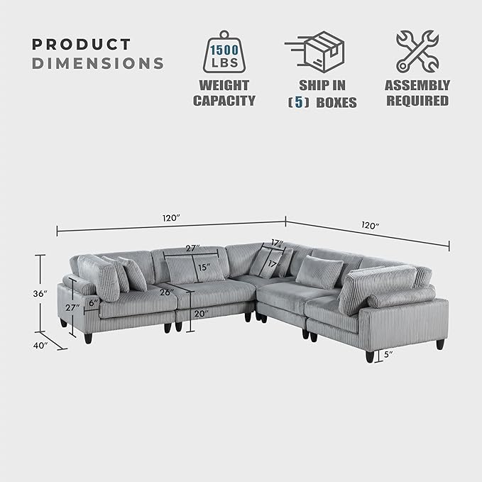 Lexicon 120 Inch Modular Sectional Sofa - Oversized 5 Seater Corduroy L Shaped Sectional Couch, 8 Accent Pillows, and Flexible Arrangement for Modern Living Rooms, Gray