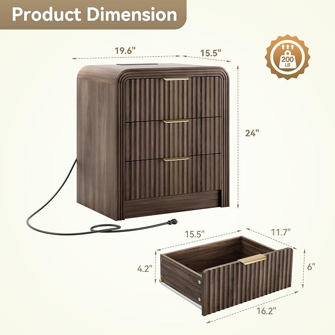 Decofy Fluted Nightstand with Charging Station, Modern Bedroom Side Table with Gold Handles, Curved Profile Design, End Table Wood Organizer for Bedroom, 19.7" & 3 Drawers (2 Pack, Walnut) - Image 3