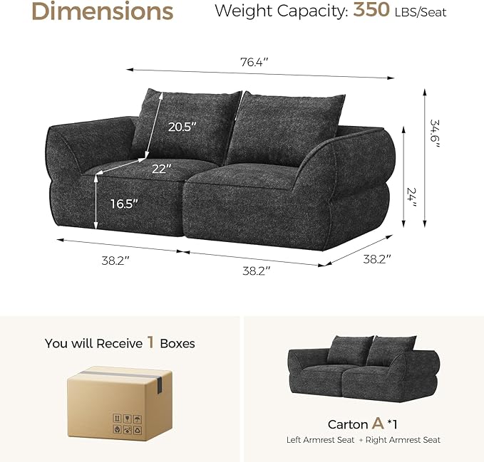 76.4" Cloud Loveseat Sofa, Deep Seat Couch with Pillows, Modern Comfortable Upholstery Boneless Sofa, 1 piece for Living Room, Bedroom, Apartment, Removable Cover，No Assembly Required, Dark Gray