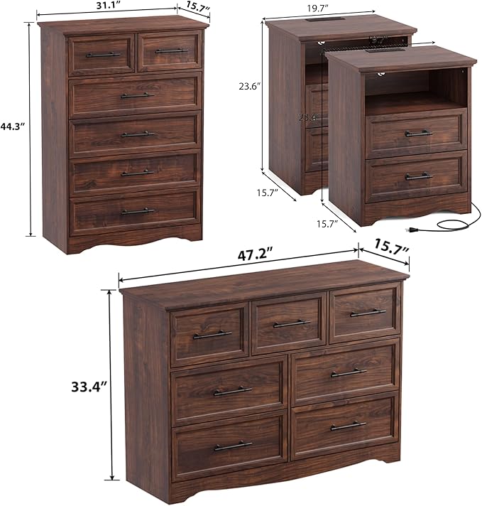 Bedroom Set, 4 Pieces Bedroom Furniture Set, 47" W 7 Drawer Dresser, 44" H 6 Drawer Dresser and Nightstands with Charging Station, Farmhouse Storage Organizer Cabinet for Bedroom, Walnut