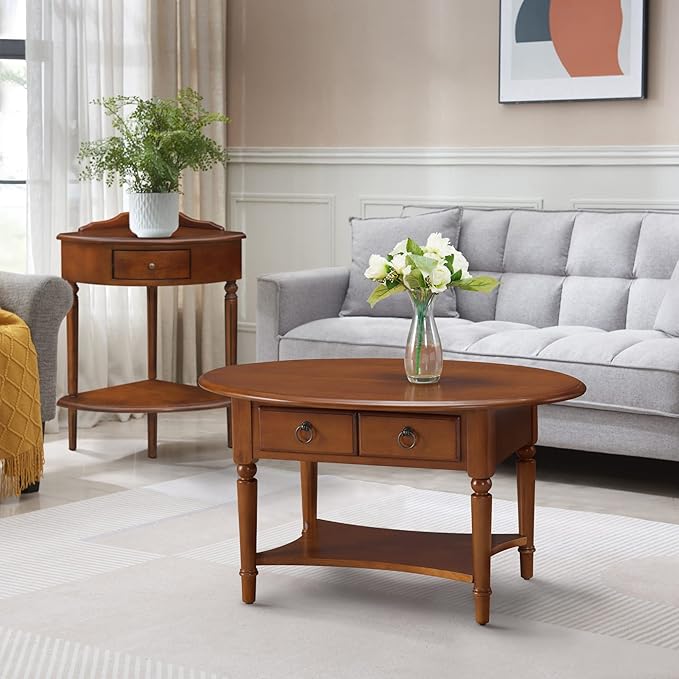 Leick Home Coastal Coffee Table, Solid Wood, Oval, with Drawer and Shelf, Pecan Brown, 20044-PC