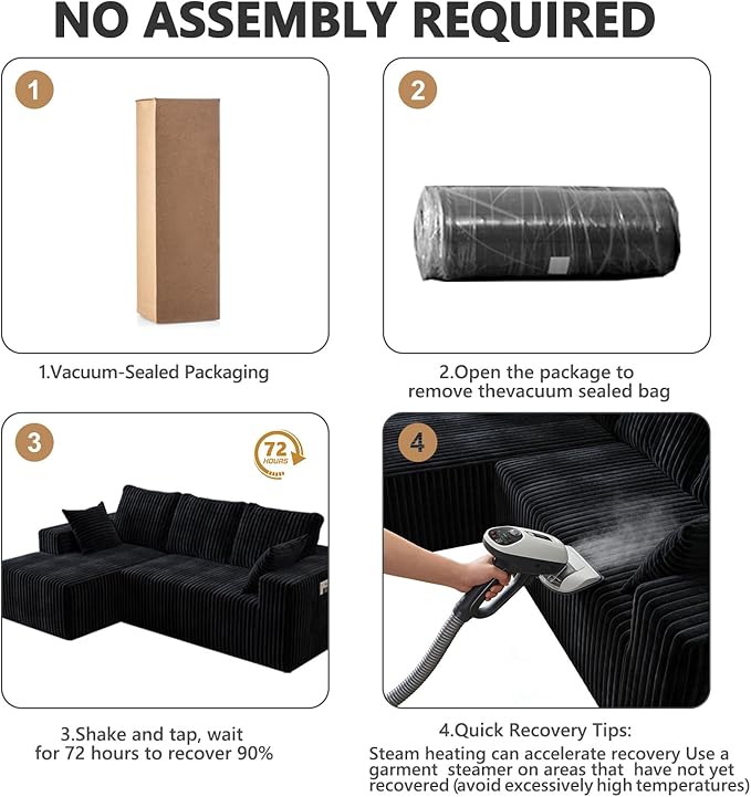 96" Cloud Sectional Couches for Living Room, Modular Sectional Sofa with Chaise, Upholstered Boneless Couches, Comfy Flannel Fluffy Couch with Pillows and Side Pockets No Assembly(Black)