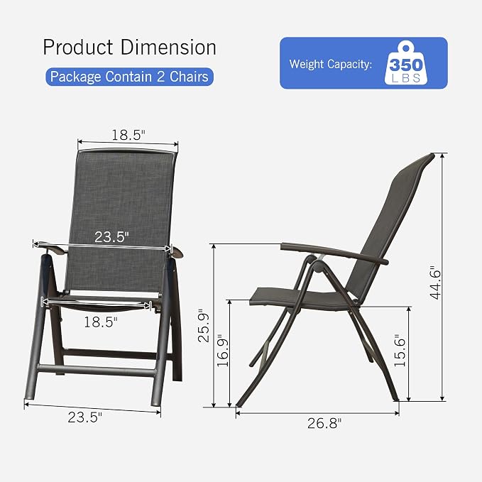 Domi Folding Patio Chairs Set of 2, Aluminium Frame Reclining Sling Lawn Chairs with Adjustable High Backrest, Patio Dining Chairs for Outdoor, Camping,Porch,Balcony(Textilene Fabric) - Image 2
