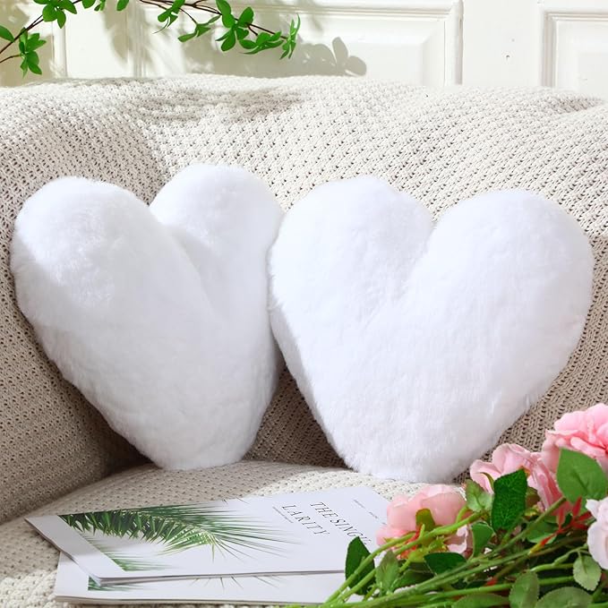 Marsui 2 Pcs Heart Throw Pillows, Soft Fluffy Faux Fur Decorative Hearts Shaped Pillows for Living Room Sofa Bed, Cute Heart Themed Gift for Women(White,11.81 x 11.02 Inch)