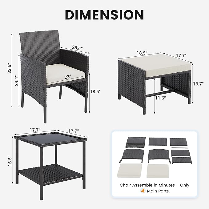 UDPATIO Outdoor Furniture Patio Chairs with Ottoman, Ideal for Balcony, Porch, 5 Piece Patio Furniture Set with Side Table for Deck, Apartment
