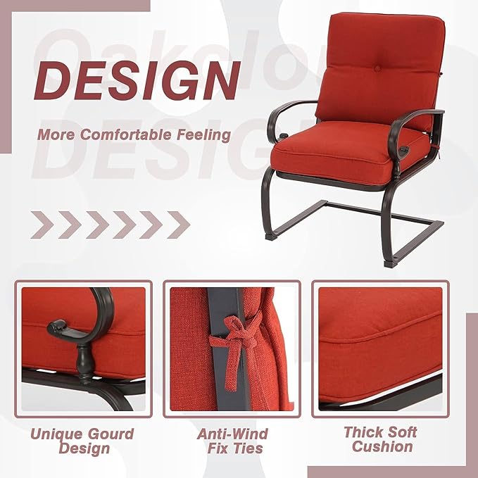 Oakcloud 4-Piece Outdoor Metal Furniture Sets Patio Conversation Set Wrought Iron Glider, 2 Spring Lounge Chairs and Round Side Table, Red