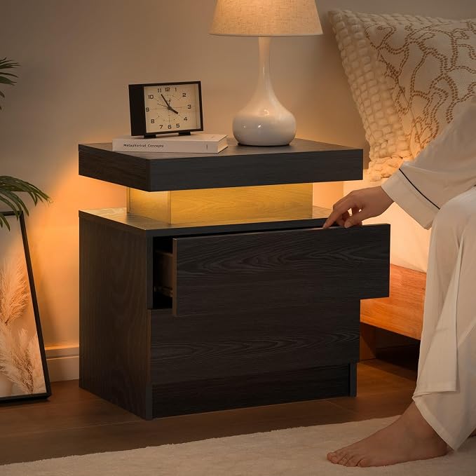 Bingoday LED Nightstand Black Modern Night Stand with 2 Drawers LED Bedside Tables for Bedroom End Tables with LED Strip Lights - Image 4