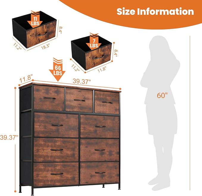 Sweetcrispy Dresser for Bedroom with 9 Storage Drawers, Large Fabric Storage Tower Organizer, Chest of Drawers with Metal Frame Wooden Top for Closet, Living Room, Entryway, Brown - Image 3