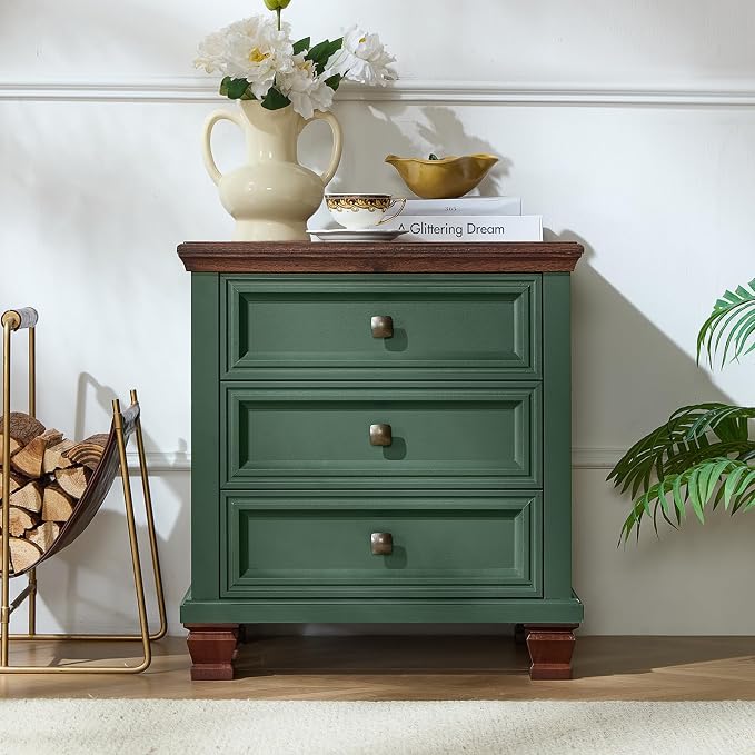 SAVOR LIFE Farmhouse Nightstand Set of 2, Rustic Accent End Table with 3 Drawers & 4 Square Solid Wood Legs, Vintage Bed Side Table with Storage, Small Dresser for Bedroom, Living Room, Green - Image 3