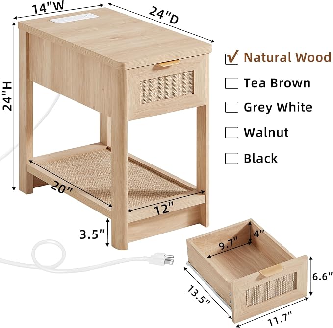 Lerliuo Rattan Night Stand Set of 2, Narrow Nightstand with Charger Station, Boho Bed Side End Table with Drawer Rattan Shelf for Small Spaces, Natural Wood Bedside Tables for Living Room Bedroom - Image 3