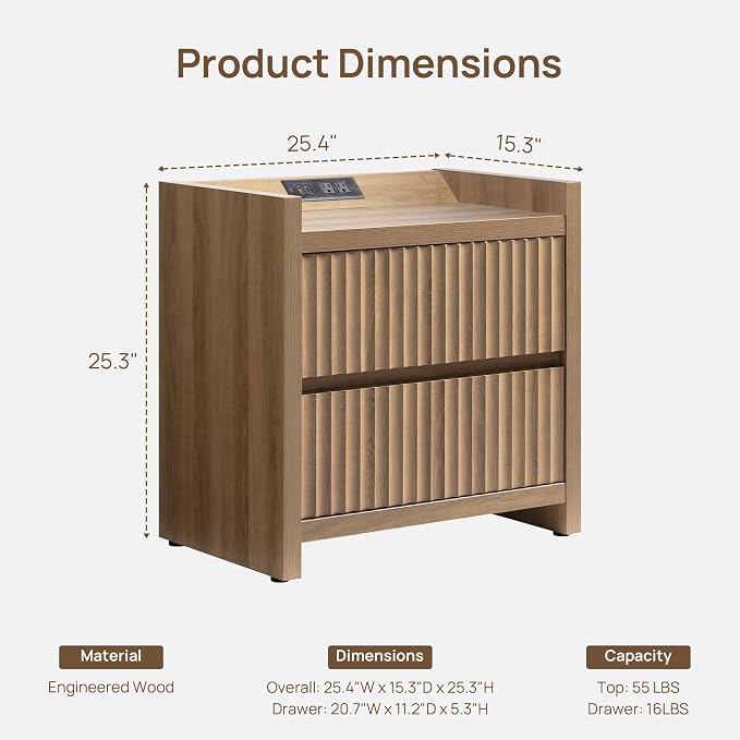 SICOTAS Night Stand Fluted Nightstands with Charging Station-Modern 2 Drawers Nightstand 25" Tall Bedside Table End Table, Large Night Stands for Bedroom, Sofa Side (Caramel Oak, 1 Piece) - Image 2