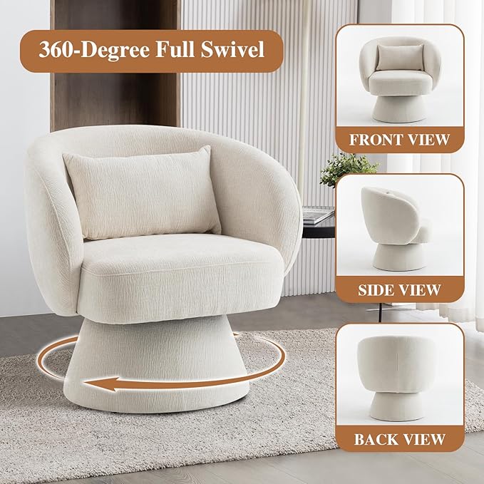 360° Swivel Accent Chair, Modern Velvet Barrel Chair with Pillow, Upholstered Single Sofa for Living Room, Bedroom, Office, Ivory
