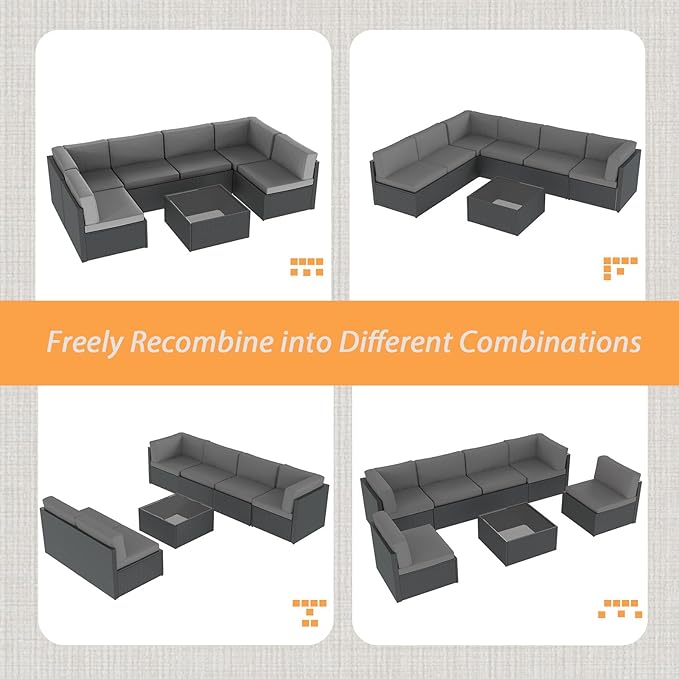 AECOJOY 7 Piece Outdoor Patio Furniture Set, Outdoor Sectional Conversation Furniture Chair with Coffee Table,Patio Sectional for Garden,Backyard(Grey Cushions and Black PE Rattan)