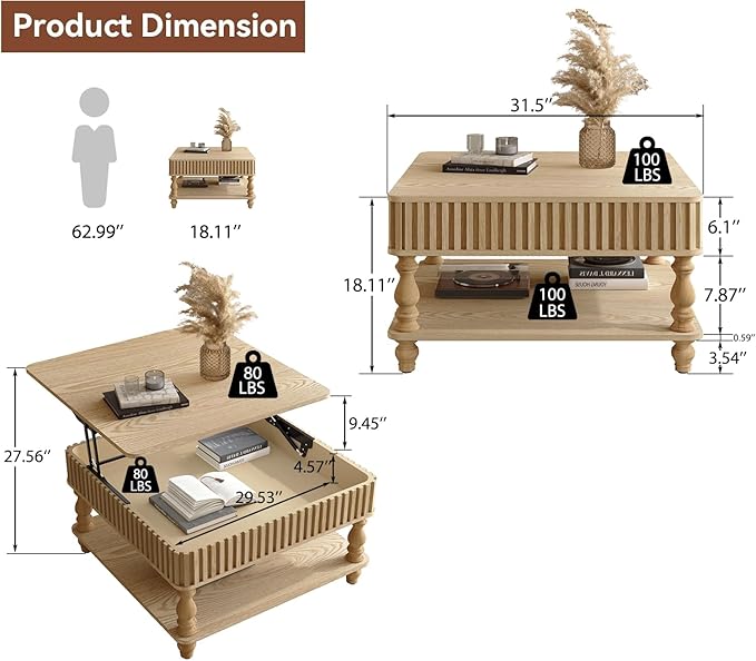 31.5" Square Lift Top Coffee Table with Storage Modern Fluted Coffee Tables with Lifting Top, Farmhouse Solid Wood Center Table with Table Legs for Living Room, Apartment or Office (Natural)