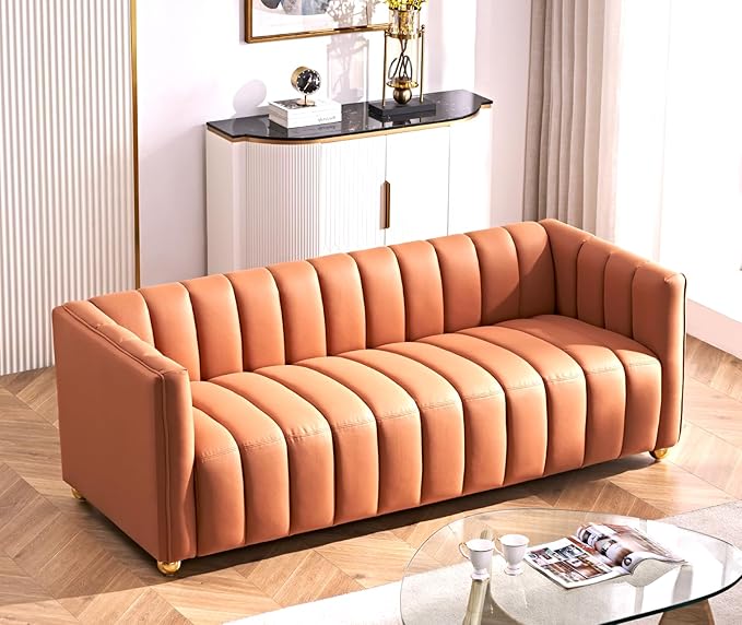 Direct Glam Fabric Upholstered Solid Wood Frame 82.7" Art Deco Sofa for Living Room, Office, Sophisticated 3 Seater Couch, Orange