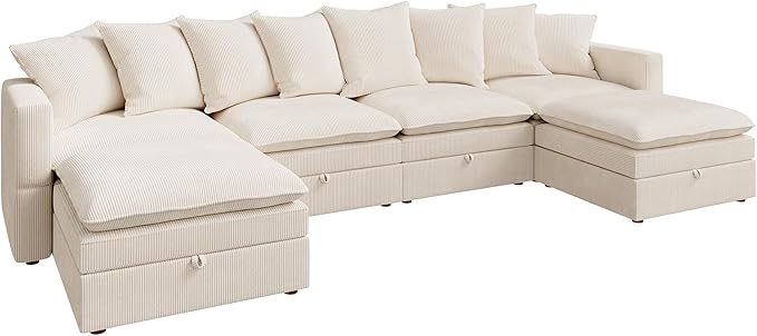 HONBAY Modular Sectional Sofa, 137 Inch U Shaped Corduroy Couch with Storage, Convertible Sectional Sofa with Deep Seat, Beige
