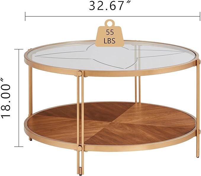 32in Round Wood Coffee Tables with Glass Top ＆ Metal Leg, 2 Tier Circle Coffee Table for Living Room,Wooden Coffee Tables,Easy Assembly (Only Coffee Table, 32" Dx32 Wx18 H, Gold)