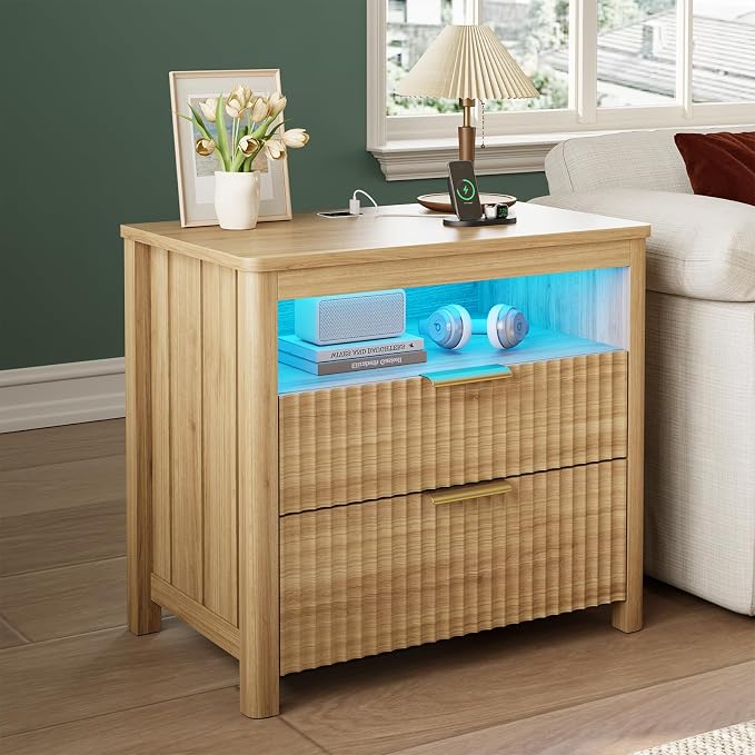 WOOVIVS End Table Set of 2 with Gun Drawer - Farmhouse Night Stand Set 2 with Charging Station for Bedroom, Smart Side Table with LED Lights,Hidden Compartment Nightstands-Wood - Image 9