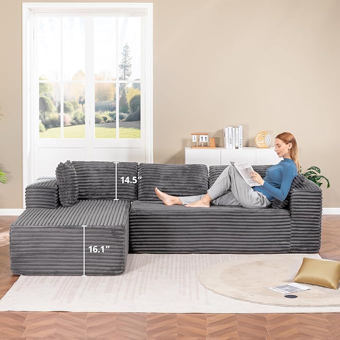 LUCKLIFE 108" Modular Sectional Couch with L-Shape Chaise,Corduroy Upholstery Boneless Couches for Living Room,Oversized Sleeper Sofa,No Assembly Required (Grey, L Shape with Left Facing Chaise)