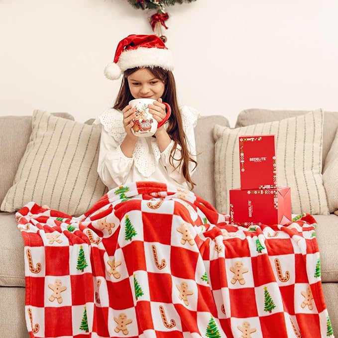 BEDELITE Christmas Throw Blanket ?€? Red and White Checkered Holiday Blanket with Gingerbread Man, Candy Cane & Christmas Tree Pattern, Soft Warm Fleece Christmas Blanket for Home D??cor & Gift, 50"x60"