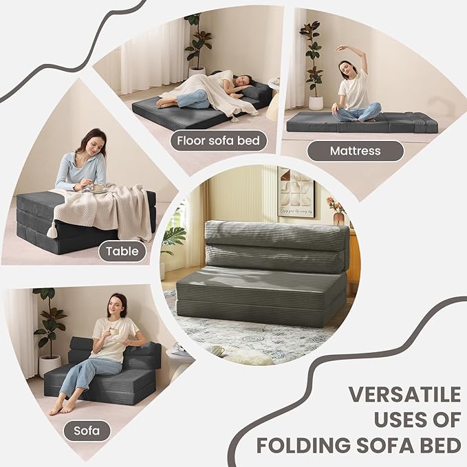 Folding Sofa Bed, Convertible Sleeper Chair with Pilow Foldable Matress, 2 in 1 Pull Out Loveseat Sofa Portable Fold Out Chair Bed Floor Couch Lounge for Living Room (Grey, Twin-41Inch)