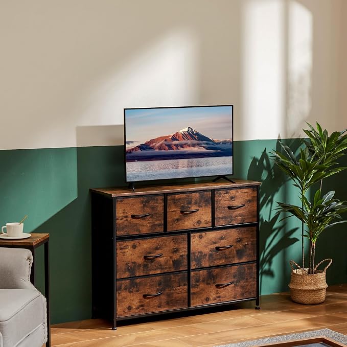 OLIXIS 7 Drawer Dresser for Bedroom, Wide Fabric Storage Tower with Wooden Top and Metal Frame, Closet Chest Organizer Furniture, TV Stand for Living Room Hallway, Rust Brown - Image 8