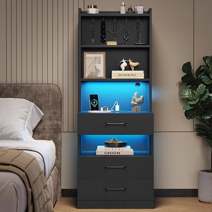 VIAGDO Tall Nightstand Set of 2 with Charging Station and LED Lights, Black Night Stand Set 2 with Bookshelf, Modern LED Bedside Tables with 3 Drawers and Storage Shelves, Side Tables for Bedrooms - Image 9