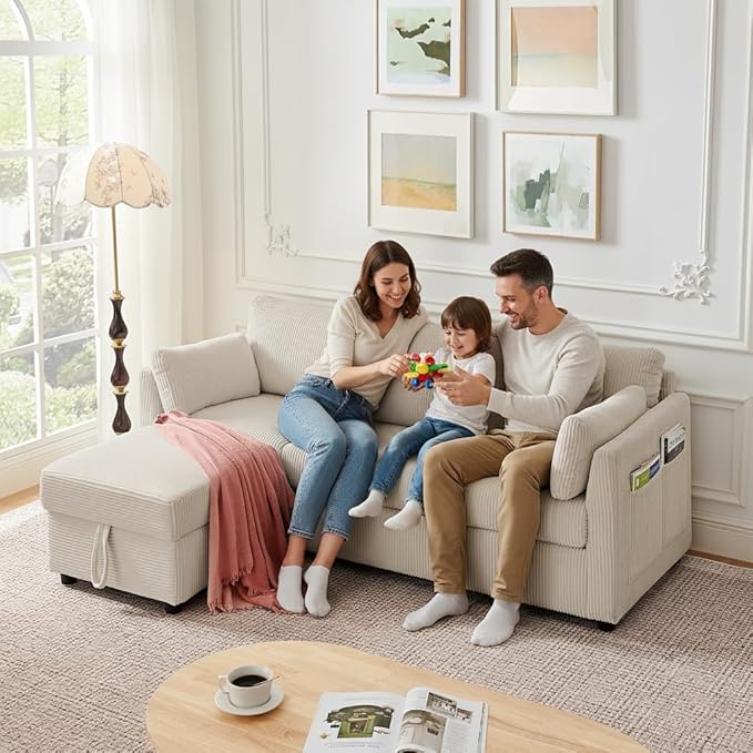 79" L Shaped Couch with Storage Ottoman, 3 Seater Corduroy Sofa with 2 Pillows and Storage Pockets, Small Modern Couches for Living Room, Apartment, Small Spaces, Home Office, Cream White
