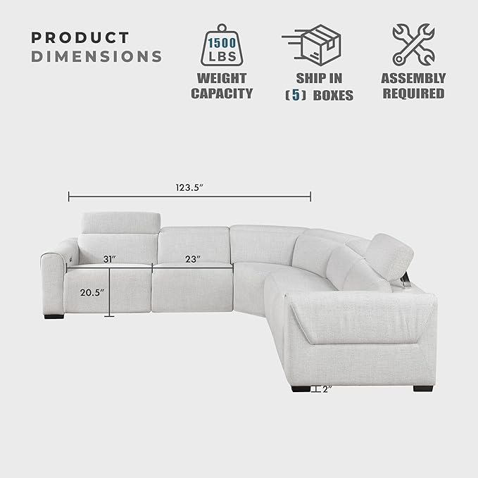 Lexicon Power Reclining Sectional Couches for Living Room-Modular Sectional Sofa, Wall Hugger, 3 Recliner Seats, Power Headrests, Charging Ports, 5 Seater Couch, Chenille Cloud