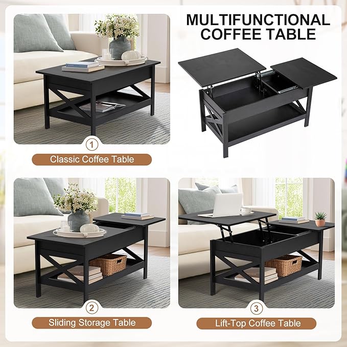 Lift Top Coffee Table with Storage, Small Coffee Table with Hidden Compartment, Dining Center Tables with Lifting Tabletop for Living Room, Home Office