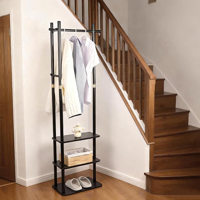 Wood Coat Rack Freestanding Clothing Rack with 3 Storage Shelves and 5 Hooks Coat Tree Heavy-Duty Garment Rack for Corner Entryways Living Rooms and Bedrooms, Black - Image 4