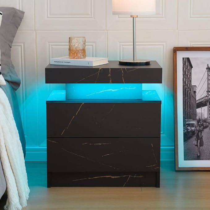 Bingoday LED Nightstand LED Bedside Table with 2 Drawers, Wooden Cabinet Unit with LED Lights for Bedroom, End Table Side Table for Bedroom Living Room by Bingoday