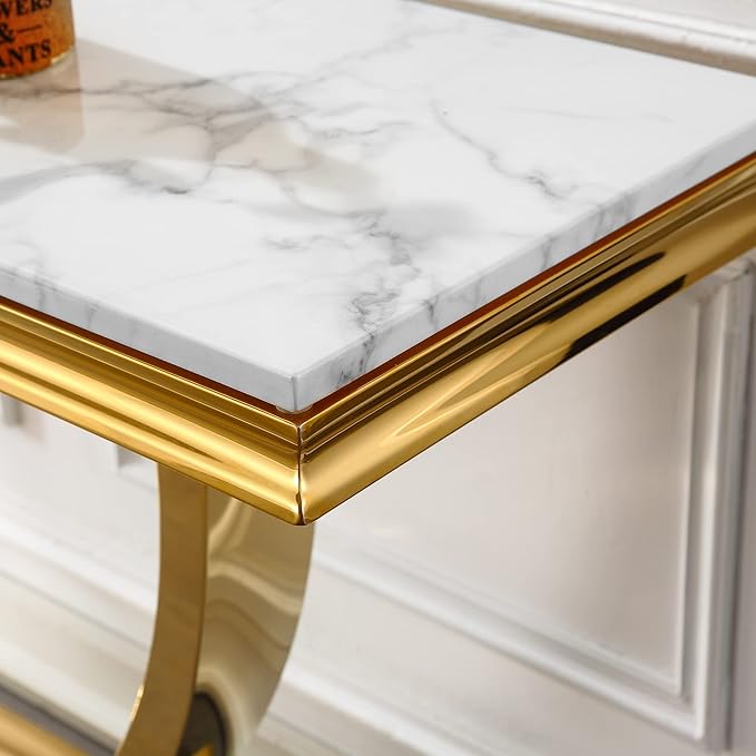 Modern Marble Console Table, Rectangular White and Gold Marble Sofa Tale with U-Shape Stainless Steel Base with Gold Mirrored Finish for Living Room (Gold2)