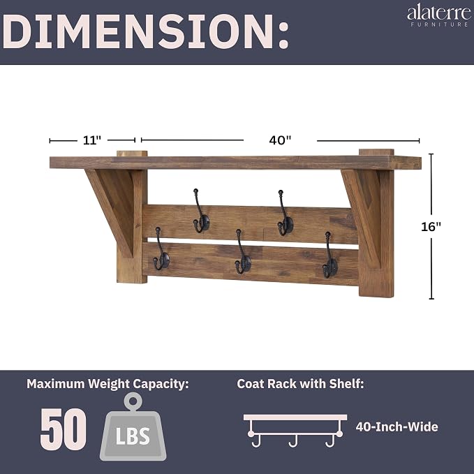 Alaterre Furniture Bethel Wall-Mounted Coat Rack with Shelf – Rustic Farmhouse 40-Inch Solid Wood Entryway Organizer with 5 Black Metal Double Hooks & Upper Storage Shelf (Natural Aged Brown) - Image 3