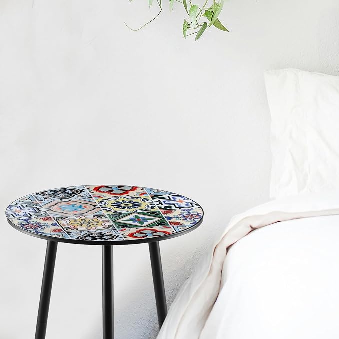 2 Packs Metal Mosaic Round Side Tables 13.4" Small Outdoor Patio Round Accent Coffee Tables Indoor Corner Stand for Small Spaces Weather-Resistant for Balcony, Porch Plant Stands Indoor, Mixed Mosaic - Image 2