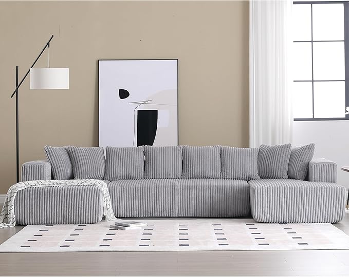 133" Oversized U-Shaped Modular Sectional Sofa, No Assembly Required Floor Couch, Memory Foam Cloud Sofa with 12 Lumbar Pillows, Corduroy Upholstery | Breathable material, Non-Slip, Wider Armrest