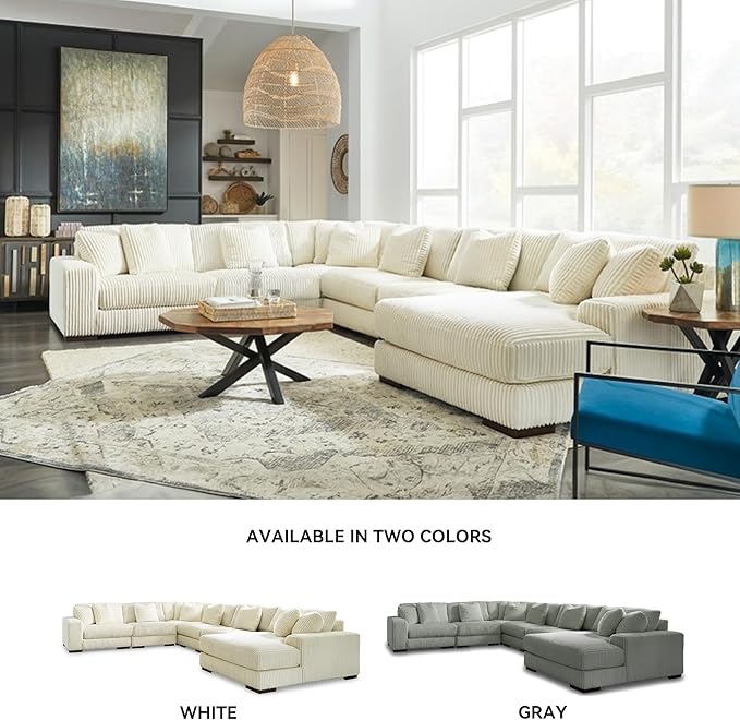 Signature Design by Ashley Lindyn Contemporary Left-Arm Facing 6-Piece Sectional with Chaise, Reversible Cushions, Armrest and Throw Pillows, White