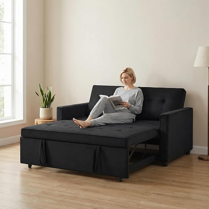 Casaphoria Pull Out Couch Bed, 3-in-1 Convertible Sleeper Sofa with Adjustable Backrest, Velvet Futon Loveseat with Side Pockets for Small Spaces, Living Room & Guest Room (Black)