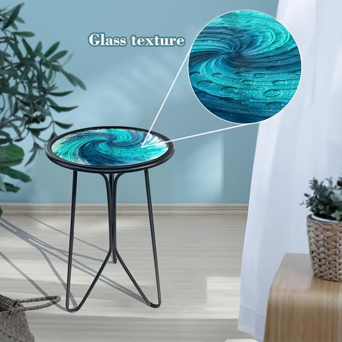 LIFFY Patio Side Table, Small Round End Table, Metal Side Table Outdoor, Small Porch Table for Indoor Balcony Furniture Decor (Blue Glass 12inch) - Image 4
