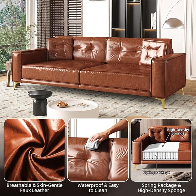 92" 3-in-1 Faux Leather Convertible Sleeper, King Size Pull Out Sofa Bed, 4-Seater Mid Century Modern Tufted Couch with 2 Pillows for Living Room, Apartment, Office (Chestnut/Reddish-Brown) | Leather Sofa Bed, King Pull Out Sofa, Tufted Couch